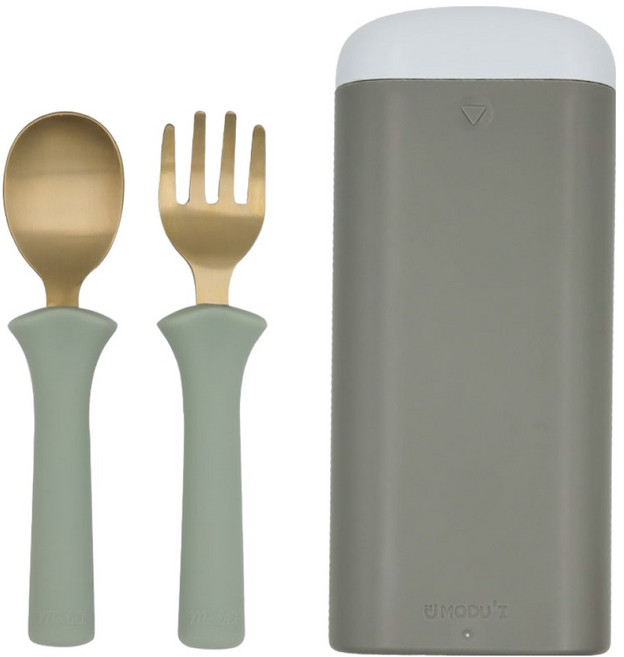 모두아이 방짜유기 스푼포크 2단계 케이스 세트, 그린릴리, 1세트