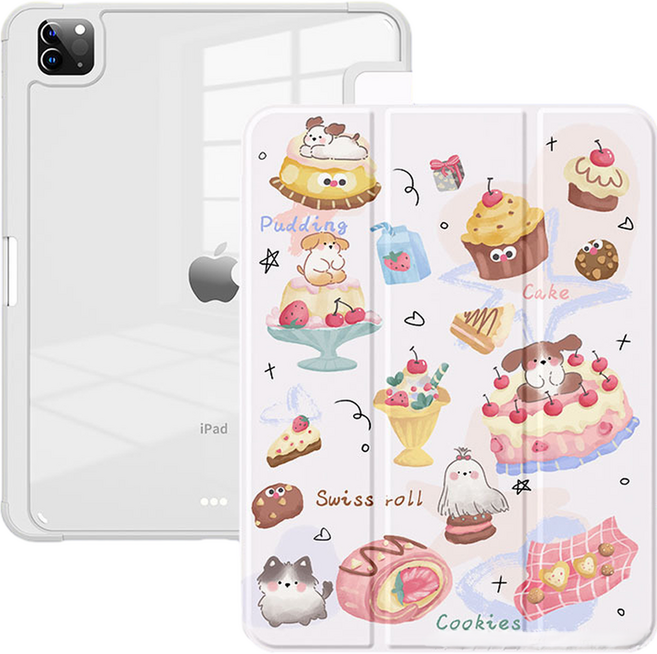 Delirium 壓克力三折式附筆槽圖形繪圖平板電腦保護殼, 甜點狗狗, 1個