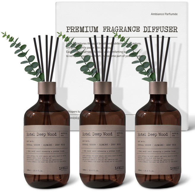 루엘디 프리미엄 대용량 퍼퓸 디퓨저 + 데코 스틱 세트, 호텔 딥 우드, 500ml, 3개
