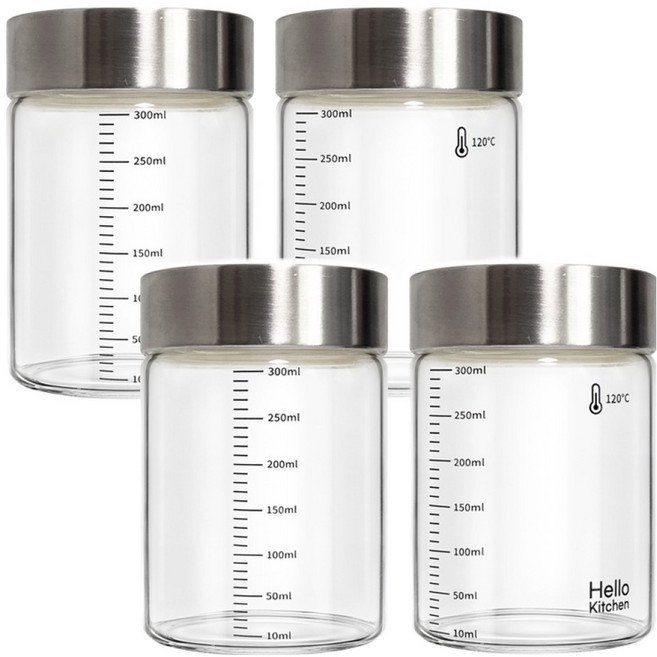 헬로키친 내열유리 눈금 유리병 와이드형, 300ml, 4개