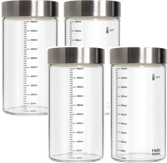 헬로키친 내열유리 눈금 유리병 와이드형, 500ml, 4개