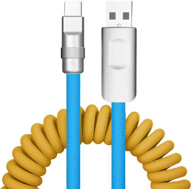 FLaiTO USB-C型 Candy Pop 60W 彈簧超高速充電數據傳輸線, 黃藍色, 1個, 65cm