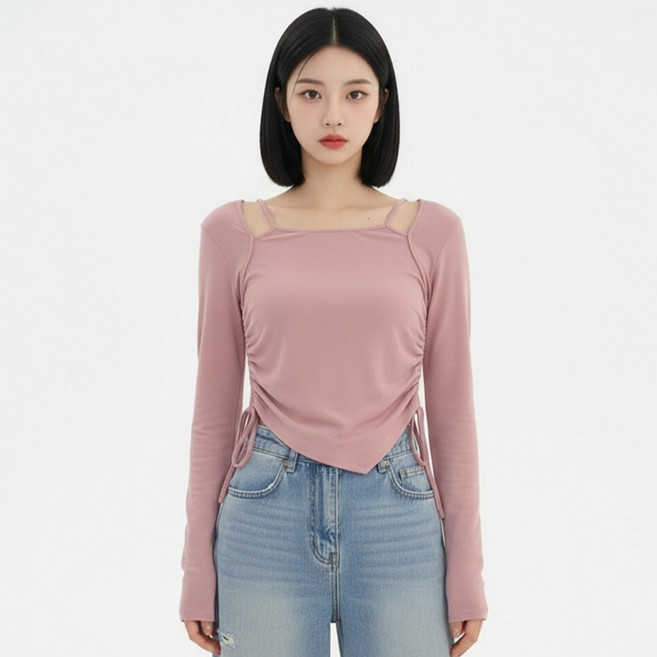 마켓피아 여성용 스퀘어넥 셔링 롱슬리브 숄더트임 티셔츠