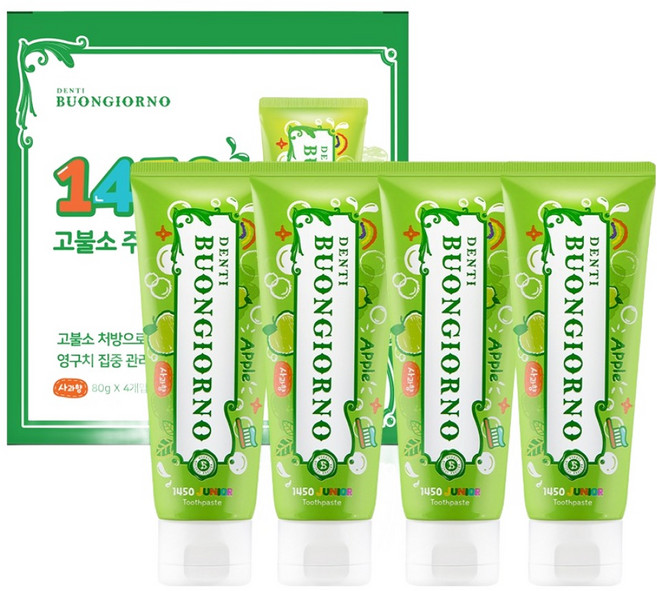덴티본조르노 일사오공 고불소 주니어 치약 사과향, 80g, 4개