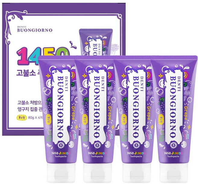 덴티본조르노 일사오공 고불소 주니어 치약 포도향, 80g, 4개