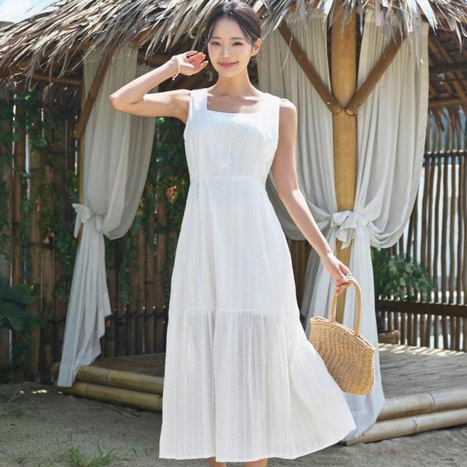 HERRINGBONE apparel 層次蛋糕無袖背心方領蕾絲雪紡長版度假洋裝 HI198, 白色