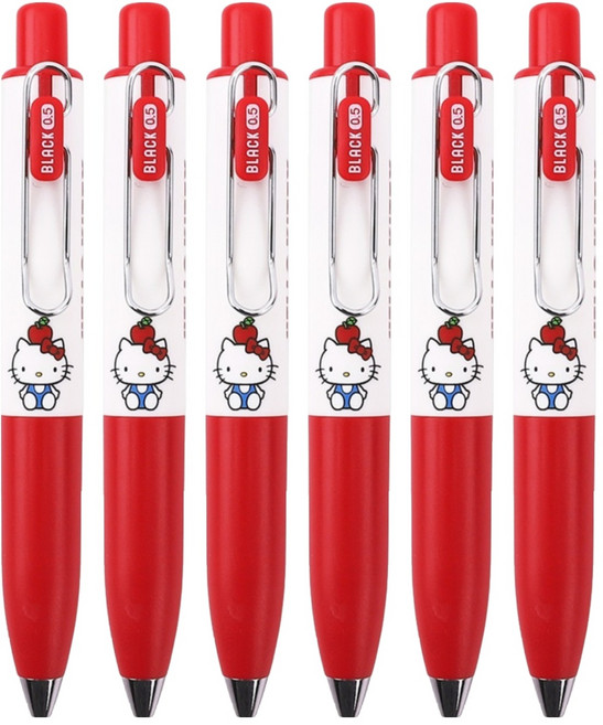 한들 헬로키티 미니 클립 흑색 중성볼펜 0.5mm, 레드, 6개