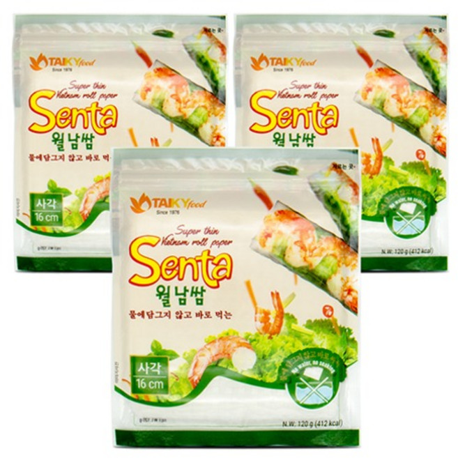 타이키 물없이 싸먹는 월남쌈 라이스페이퍼 사각 16cm, 3개, 120g