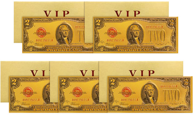 Lucky Symbol 幸運VIP黃金雙面紙鈔 5入 + 內頁 5入 + 黃金信封 5入 套組, 黃金 2美元, 1套