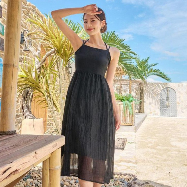 헤링본 홀터넥 백리스 스트랩 밴딩 롱 휴양지 원피스 HI194