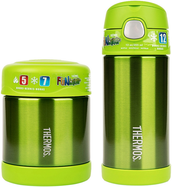 THERMOS 膳魔師 不鏽鋼水壺食物罐組 355ml + 290ml, 綠色, 1套, 645ml