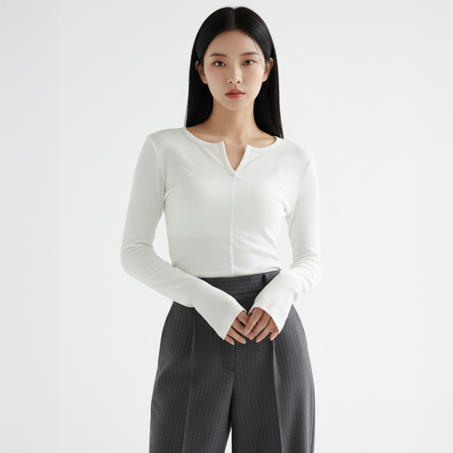 marketpia 女款線條修身V領長袖T恤