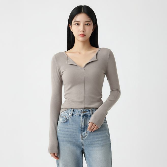 marketpia 女款線條修身V領長袖T恤