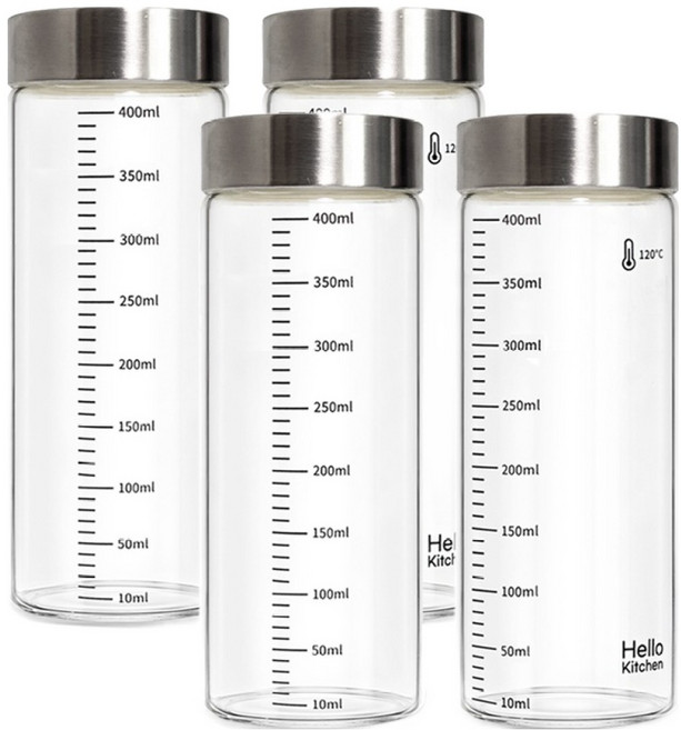헬로키친 내열유리 눈금 유리병, 400ml, 4개