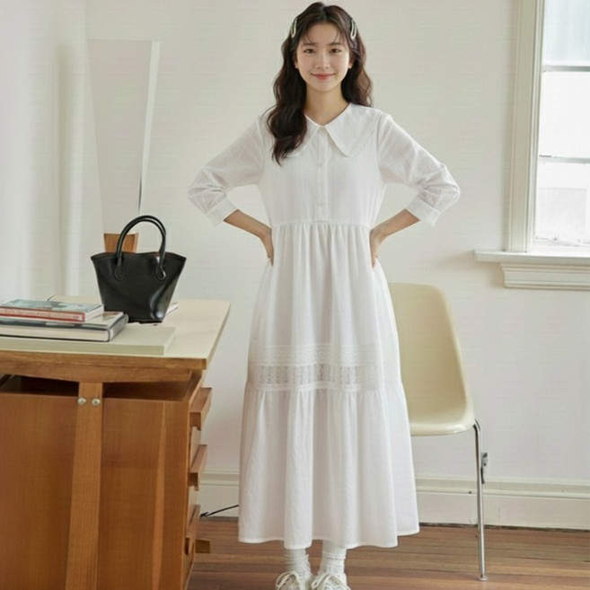 Paperments Lebri 大翻領蛋糕長版連身裙 13922, 白色