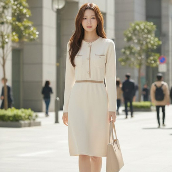Paperments Elien 經典正式針織中長版連身裙 14044, 米色