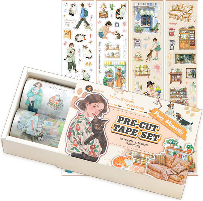 스티코니 감성 일러스트 테이프 롤 스티커 일상 4롤 세트, 너와 하루, 1세트