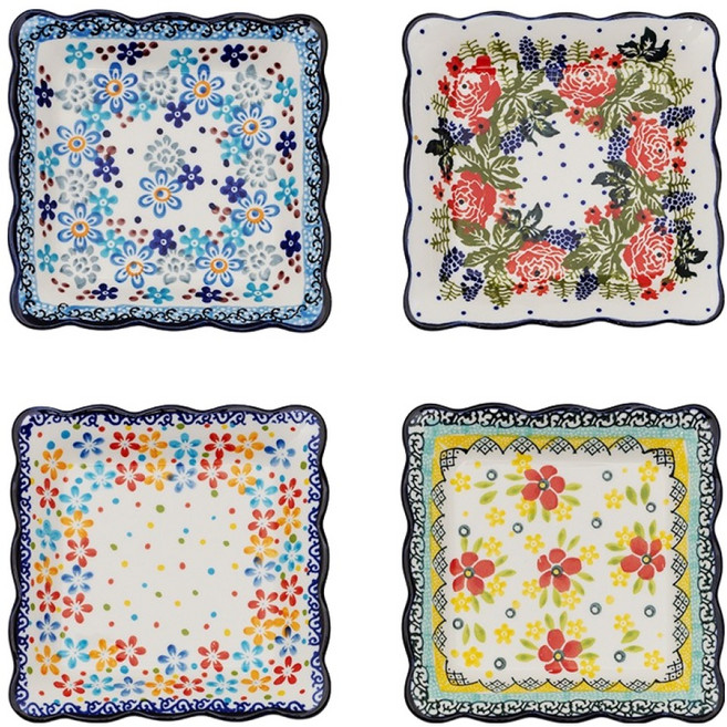 MAISON OBJET Praka 波蘭風格陶瓷荷葉邊方形小碟 4件組, 海吉亞, 葉上玫瑰, 希里, 山茶花, 1套