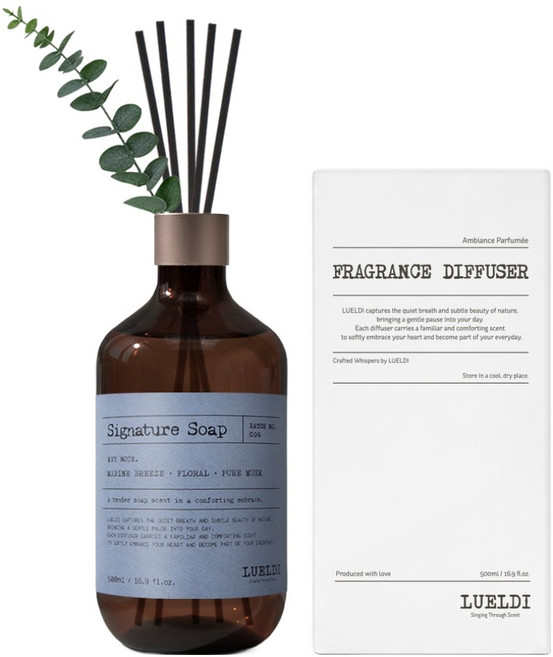 루엘디 프리미엄 대용량 디퓨저 + 데코 스틱 세트, 시그니처 솝, 500ml, 1개