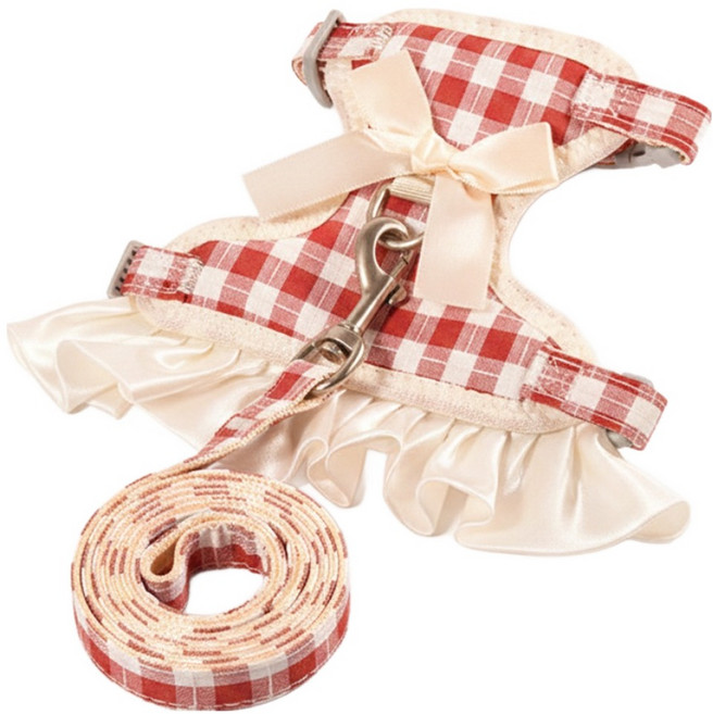 둥둥펫 반려동물 체크 레이스 하네스 + 리드줄 세트, 레드, 1세트