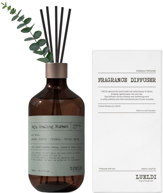루엘디 프리미엄 대용량 디퓨저 + 데코 스틱 세트, 제주 치유의 숲, 500ml, 1개