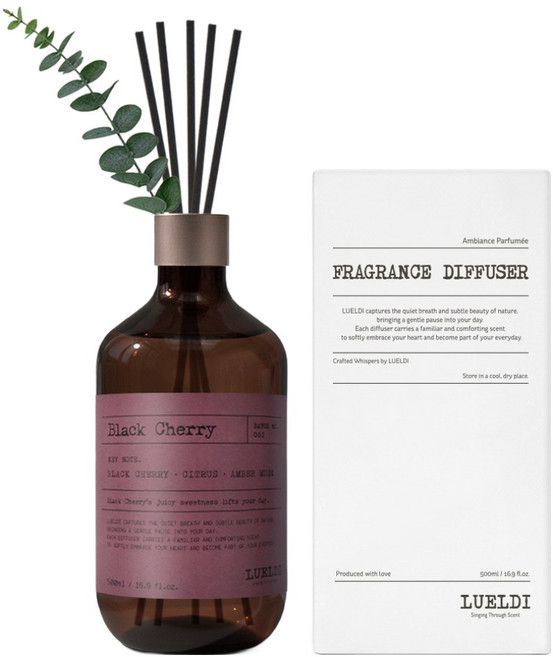 루엘디 프리미엄 대용량 디퓨저 + 데코 스틱 세트, 블랙체리, 500ml, 1개