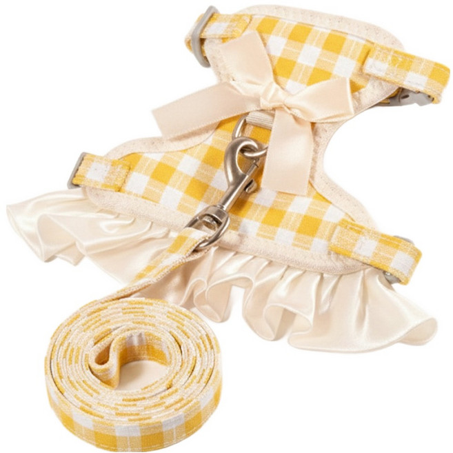 둥둥펫 반려동물 체크 레이스 하네스 + 리드줄 세트, 옐로우, 1세트