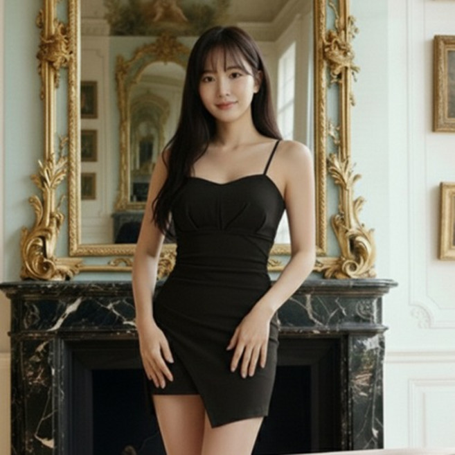 ViVEMO 羅蘭不對稱抓皺細肩帶無袖連身裙 12418, 黑色