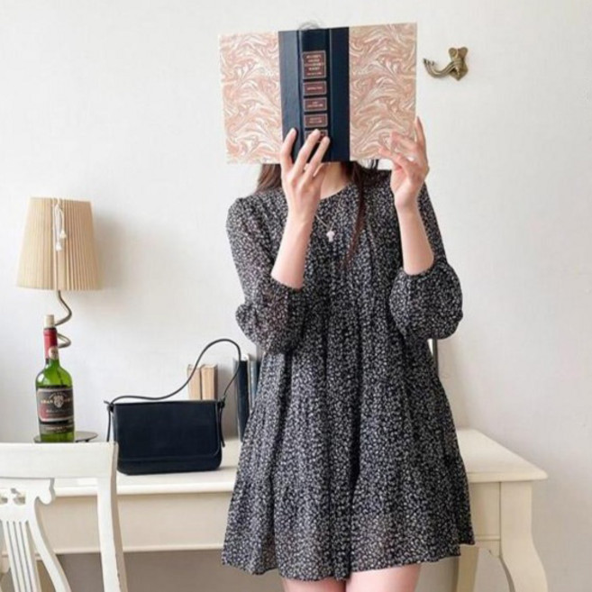 HERRINGBONE 圓領印花雪紡迷你連衣裙 HF102