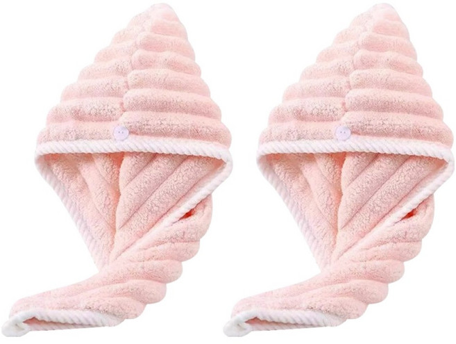 더자카 초강력 흡수 헤어 터번 타월 60 x 25 cm, 핑크, 2개