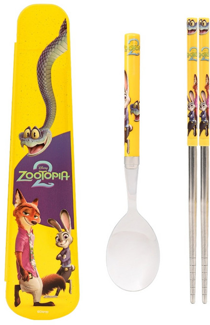 릴팡 주니어 주토피아2 가벼운 슬림 진공 스텐수저 케이스 3종 세트, 1세트, 젓가락 + 스푼 + 케이스, 노란색