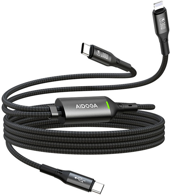AIDOGA 艾迪伽 Type-C + Lightning PD一分二充電傳輸線 100W快充 QC4.0 LED 爵士, 150cm, 黑色, 1個