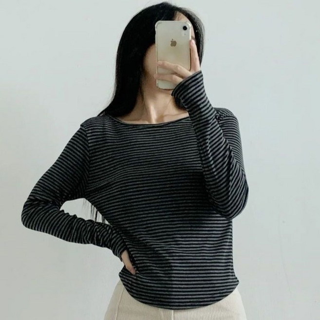 라라온 여성용 스트라이프 보트넥 스판 긴팔 티셔츠 25TSP3449