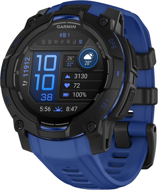 가민 인스팅트 3 슈퍼노바 AMOLED 아웃도어 스마트워치, 블랙 + 볼트블루, 45mm, GPS + 블루투스