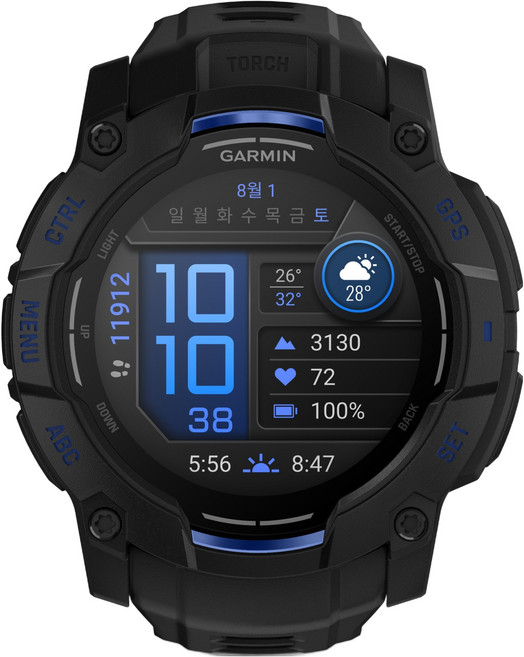 가민 인스팅트 3 슈퍼노바 AMOLED 아웃도어 스마트워치, 블랙 + 볼트블루, 50mm, GPS + 블루투스