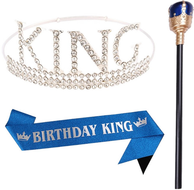 마다꾸미 남성용 생일파티 왕관 3종 세트, 02 실버, 블루띠, 블루지팡이, 1세트