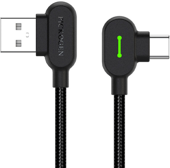 PICKOGEN 皮克全 USB-Type-C 充電線傳輸線編織線快充線 LED雙彎頭L型, 黑色, 1個, 1m