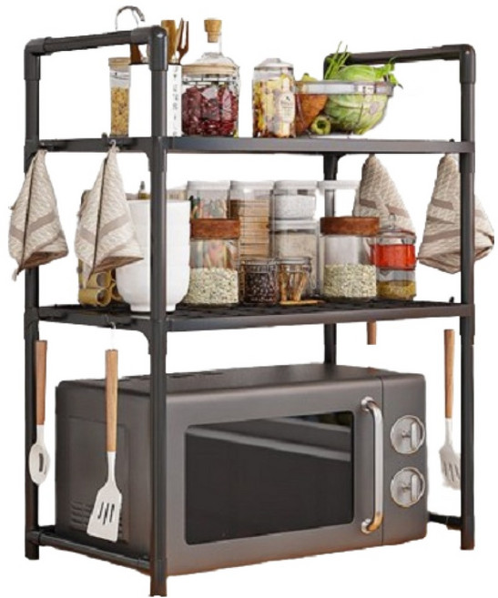 굿모닝리빙 간편설치 심플모던 다용도 전자레인지 선반 3단, 블랙, 1개