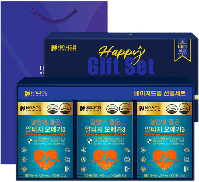 네이처드림 혈행에 좋은 비타민E 함유 알티지 오메가3 31.5g + 쇼핑백, 선물포장+쇼핑백 네이처드림 혈행에 좋은 알티지 rTG, 30정, 3개