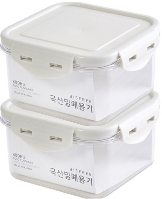 QUIDNOVI 국내산 정사각 밀폐용기 화이트, 2개, 800ml