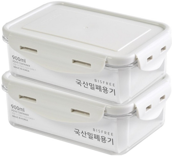 QUIDNOVI 국내산 직사각 밀폐용기 화이트, 2개, 900ml