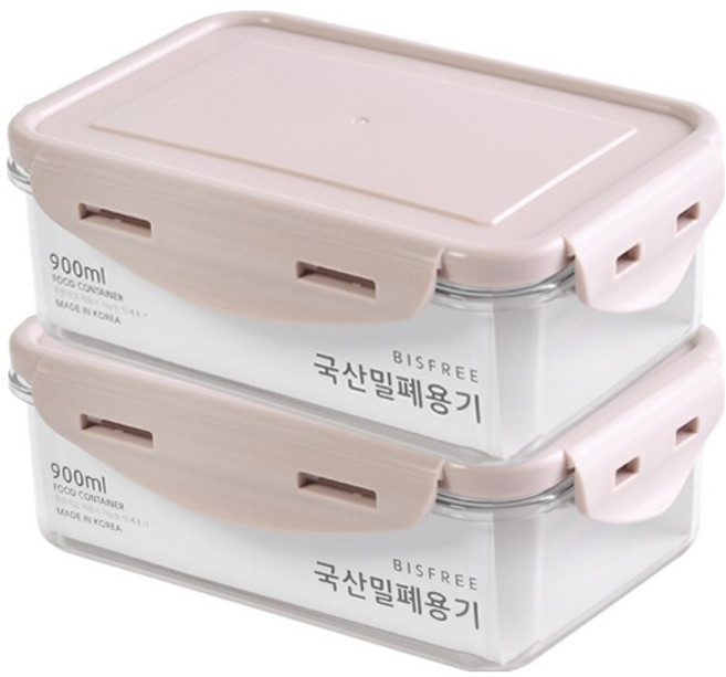 QUIDNOVI 국내산 직사각 밀폐용기 인디핑크, 2개, 900ml