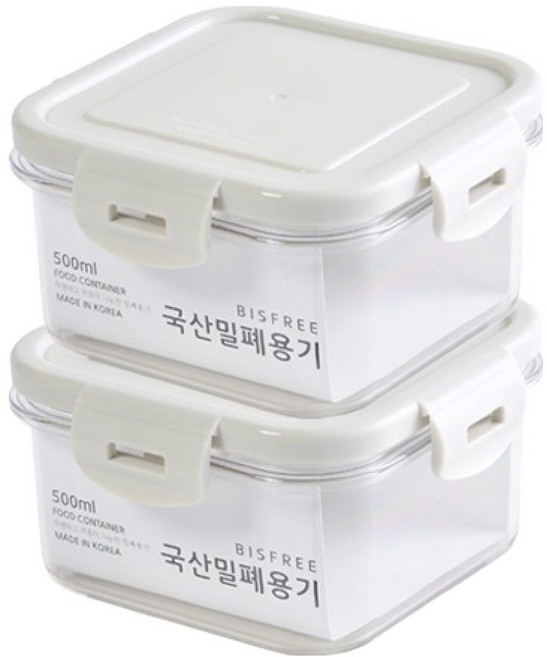 QUIDNOVI 국내산 정사각 밀폐용기 화이트, 2개, 500ml