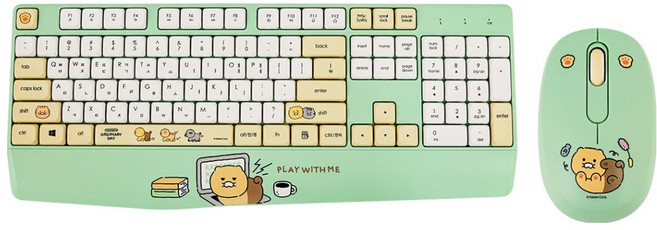 카카오프렌즈 춘식이 손목받침 저소음 오디너리데이 무선키보드 마우스 세트, 그린, KFWKMG-002, 일반형