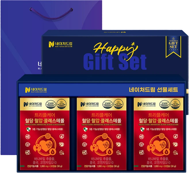 네이처드림 트리플케어 혈당 혈압 콜레스테롤 코엔자임큐텐 3p 선물포장 세트 + 쇼핑백, 30정, 1세트 - 쿠팡
