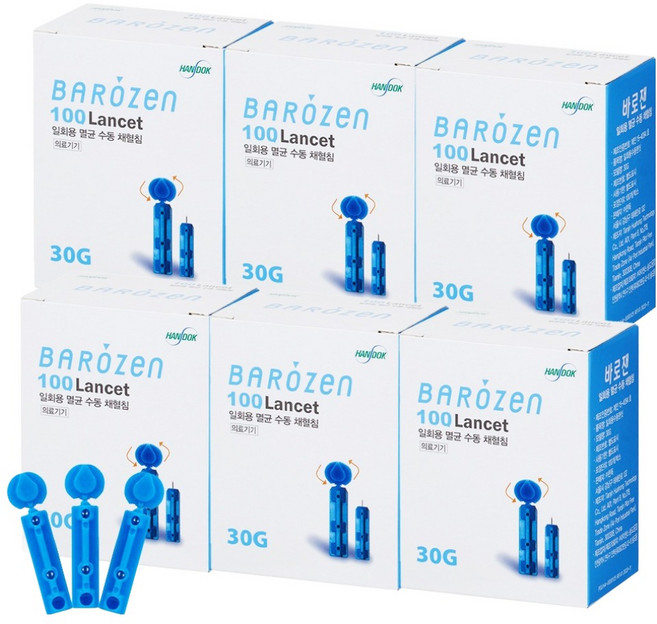바로잰 한독 일회용 멸균 수동 채혈침 란셋, 6개, 100개입