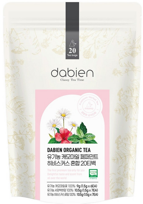 다비앙 유기농 캐모마일 페퍼민트 히비스커스 혼합티, 1.5g, 1개, 20개입