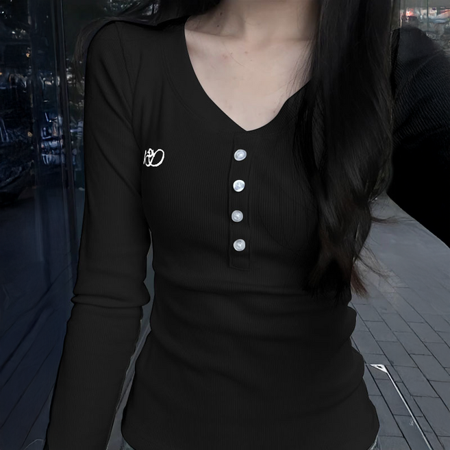 여신 여성용 예쁜 라운드넥 버튼 긴팔 티셔츠