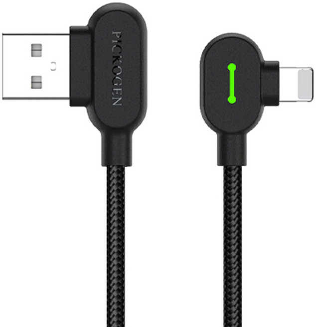 PICKOGEN 皮克全 USB-A-Lightning充電線傳輸線編織線快充線 雙彎頭L型 LED GameFlex, 黑色, 1個, 100cm