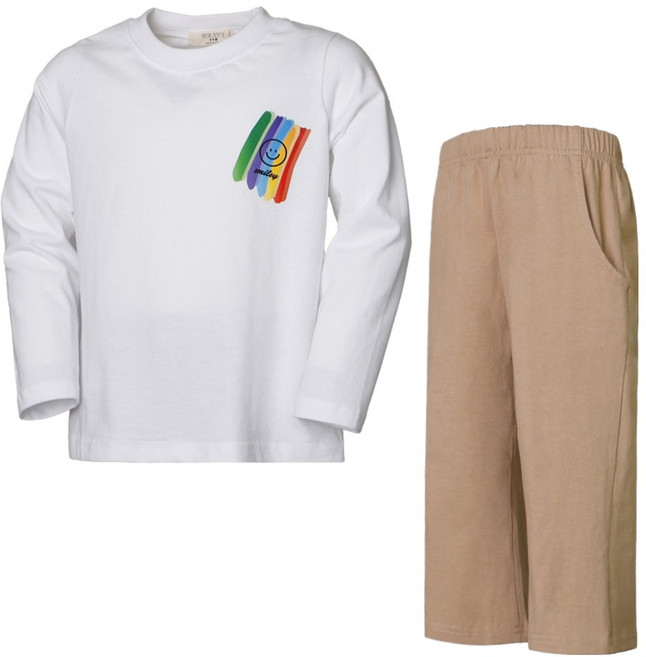 유라비 아동용 레인보우 스마일 면 긴팔 티셔츠 + 9부 와이드 캠던 면 밴딩 긴바지 세트